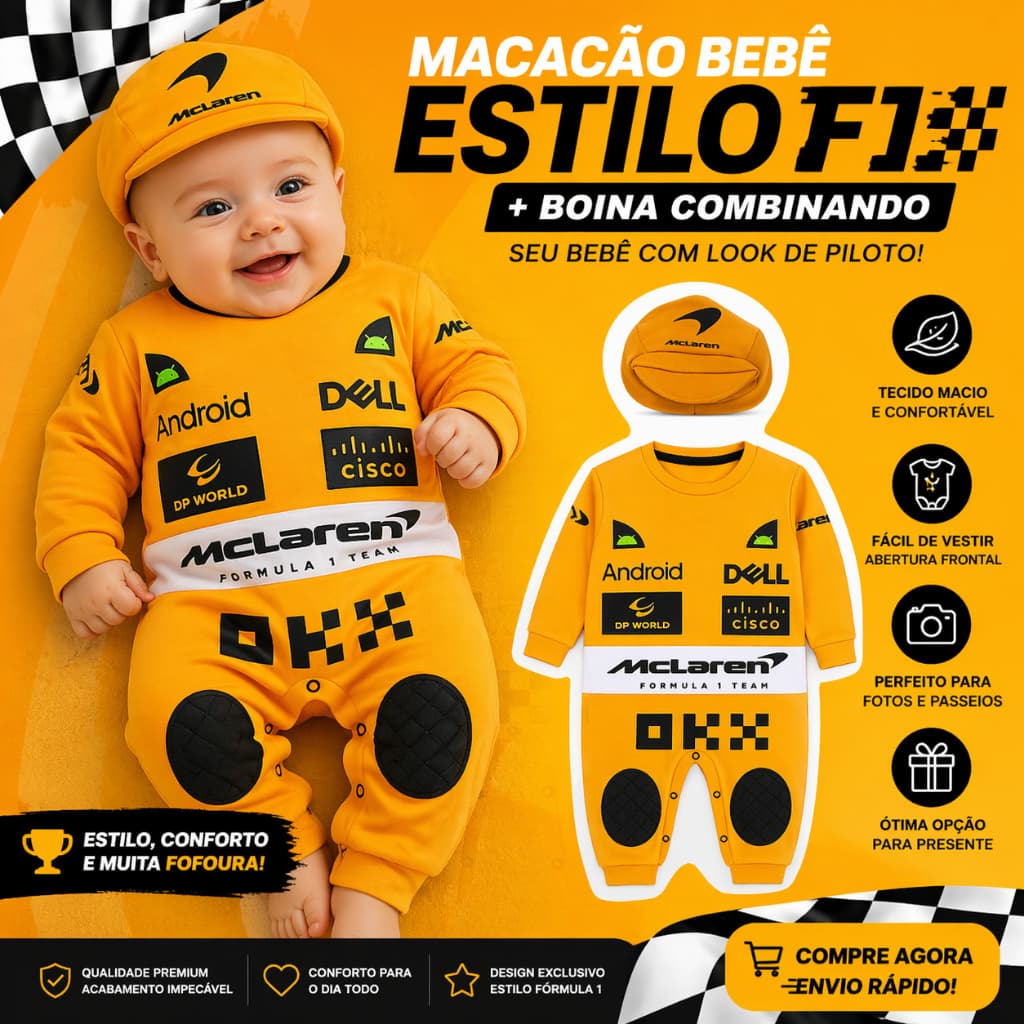 Roupa de Bebê Macacão + Boina Formula 1 Mclaren