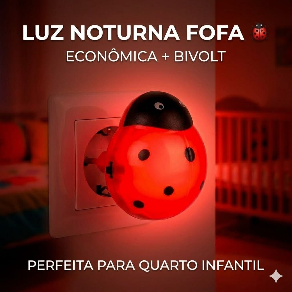 Abajur Joaninha de Tomada Bivolt com Interruptor Liga/Desliga | Luminária  LED Infantil Econômica