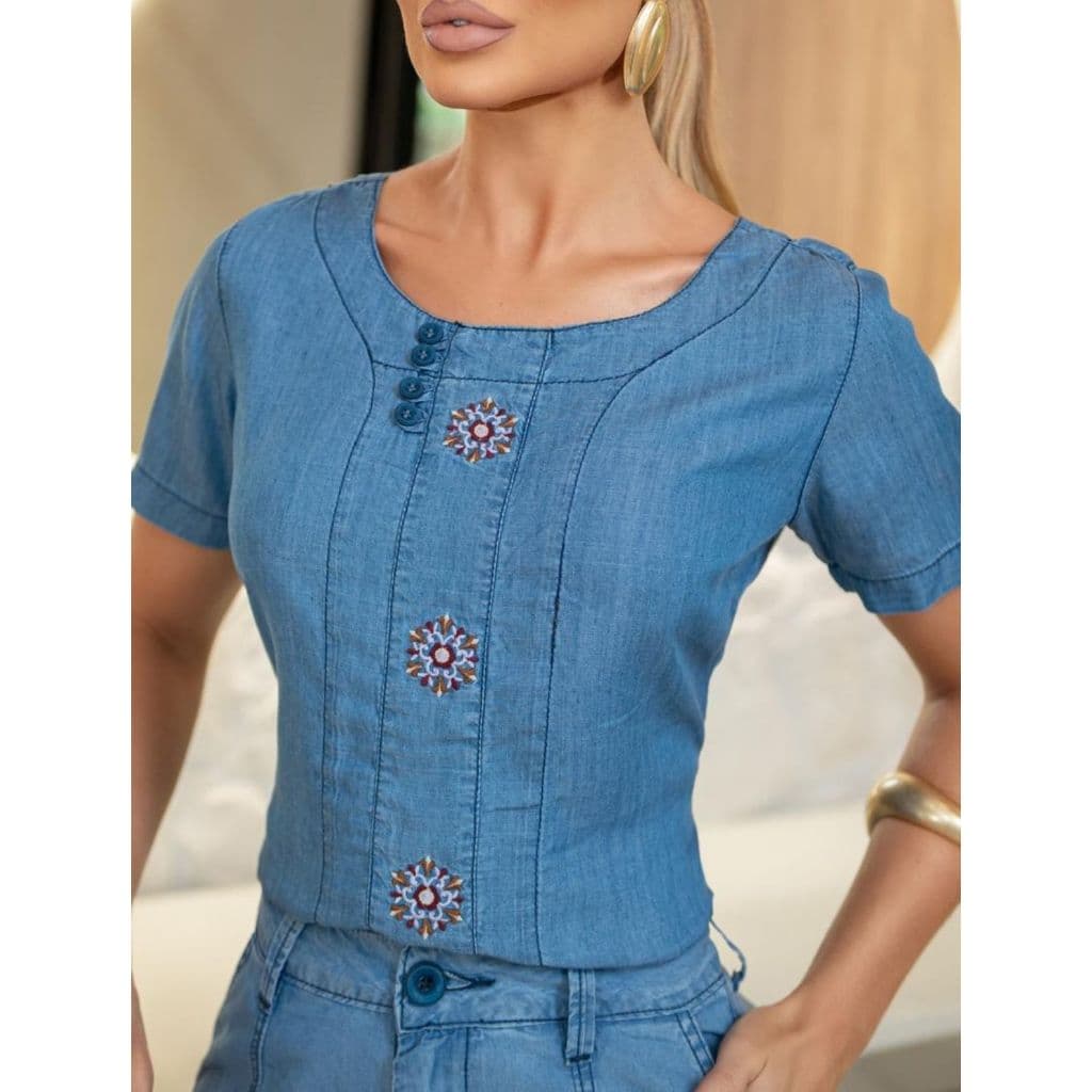 Blusa jeans Bordada Manga Curta Feminina Elegante Tencel