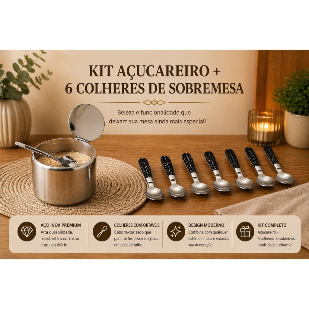 Kit Açucareiro mais 6 colheres de sobremesa açucar cozinha café