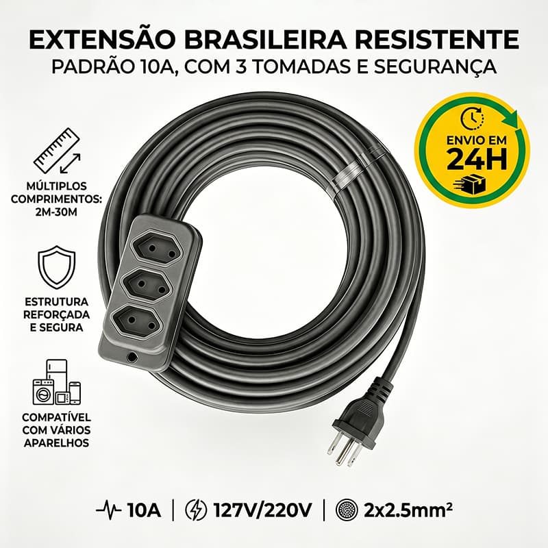 Extensão Reforçada - Cabo Grosso e resistente  2/3/5/10/20/30 Metros Uso Doméstico e Profissional