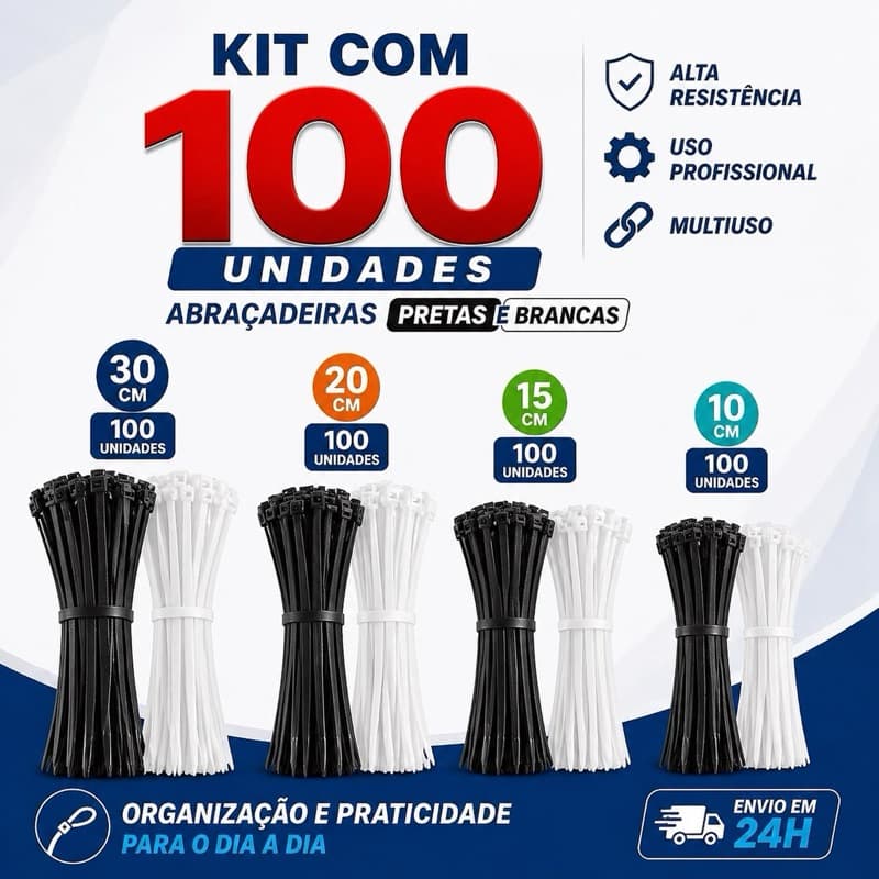 Abraçadeira Nylon 2,5mm Preta e Branca 100 Unidades 10cm 15cm 20cm 30cm Enforca Gato Resistente