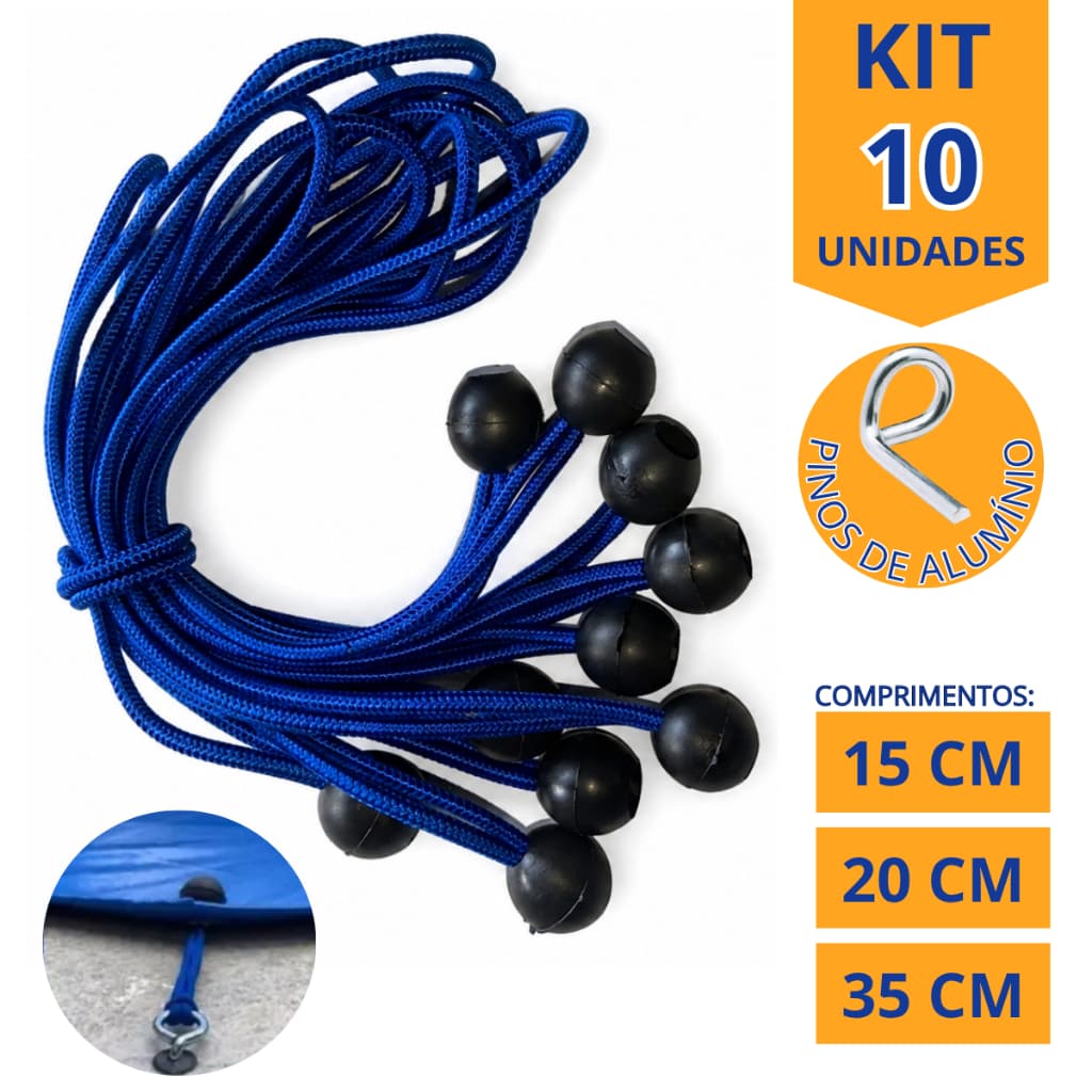 Kit 10 Elásticos com Bolinha Para Capa Lona de Piscina + Pinos de Alumínio (Esticador de Lona)
