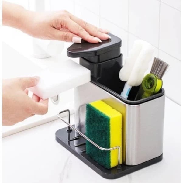 Dispensador Sabão Inox 3 em 1 Cozinha Pia Suporte Esponja Com Porta Detergente Cozinha-1200