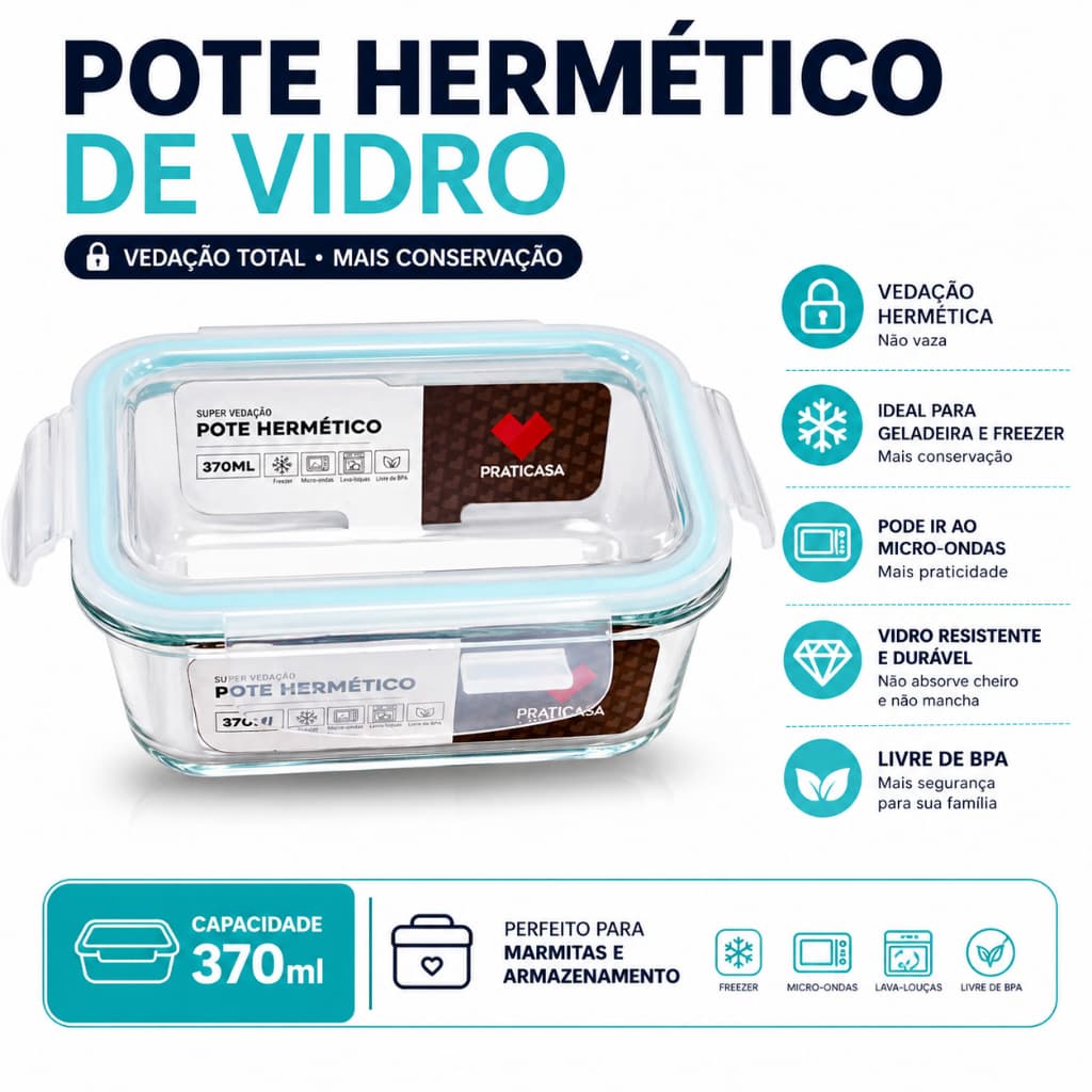 Pote Hermético de Vidro 370ml com Tampa Trava – Vedação Total, Não Vaza, Freezer e Micro-ondas