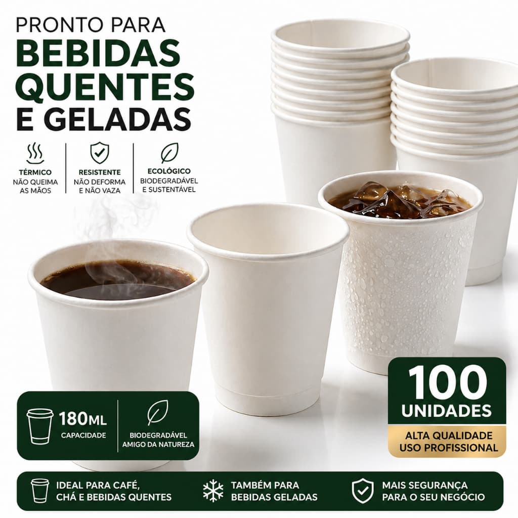 Copo Papel 180ml Descartável Biodegradável Branco 100un Bebida Quentes Resistente Térmico Ecológico