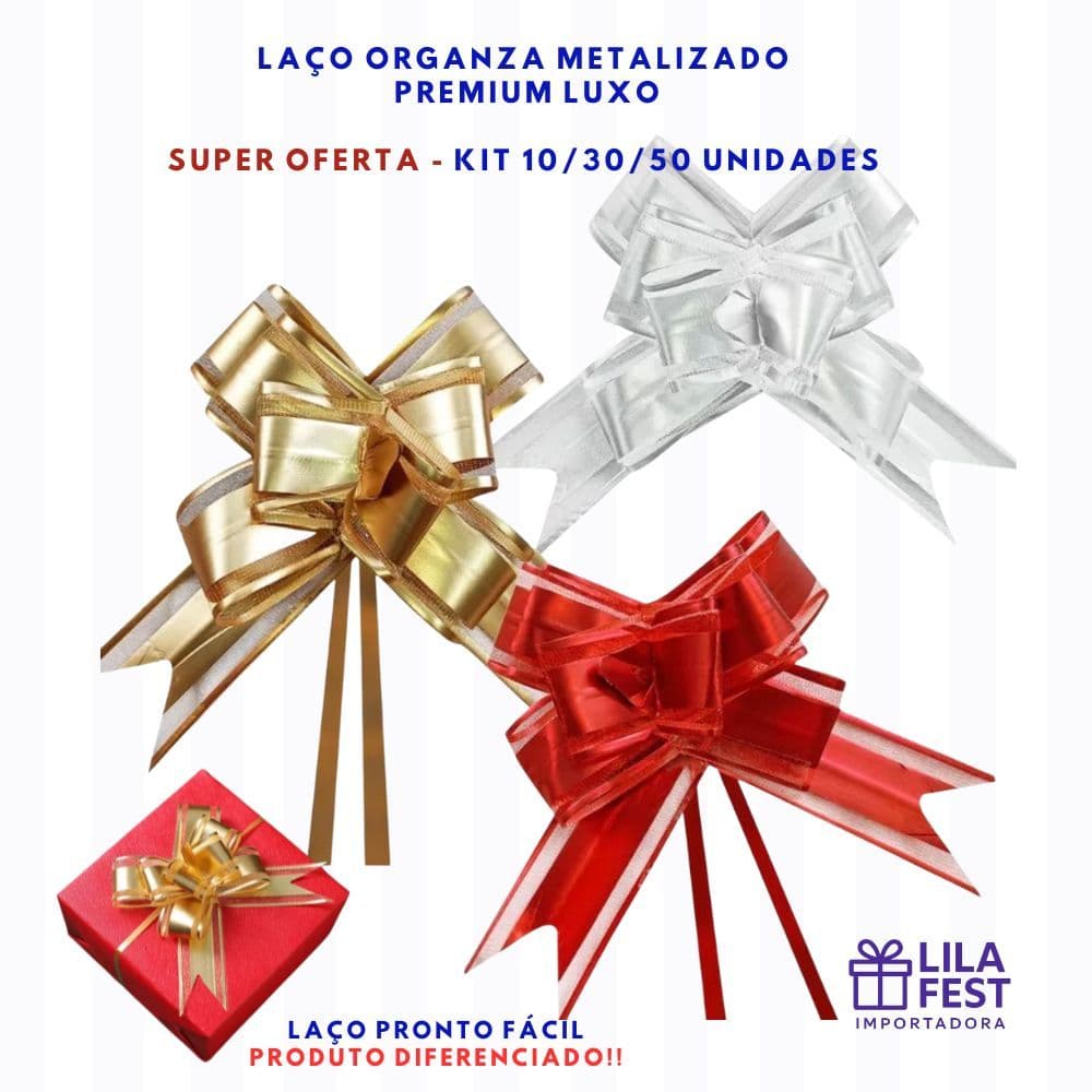 Kit 10a50 Unid Laço Metalizado c/ Organza Brilho Embalagem Presente Fita Luxo Premium Caixa Festa