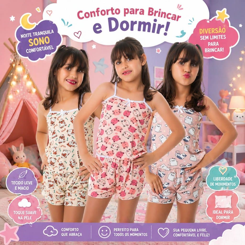 Baby Doll Infantil Conjunto Pijaminha Confortável Menina Roupa Dormir Infantil Fresquinho Estampado
