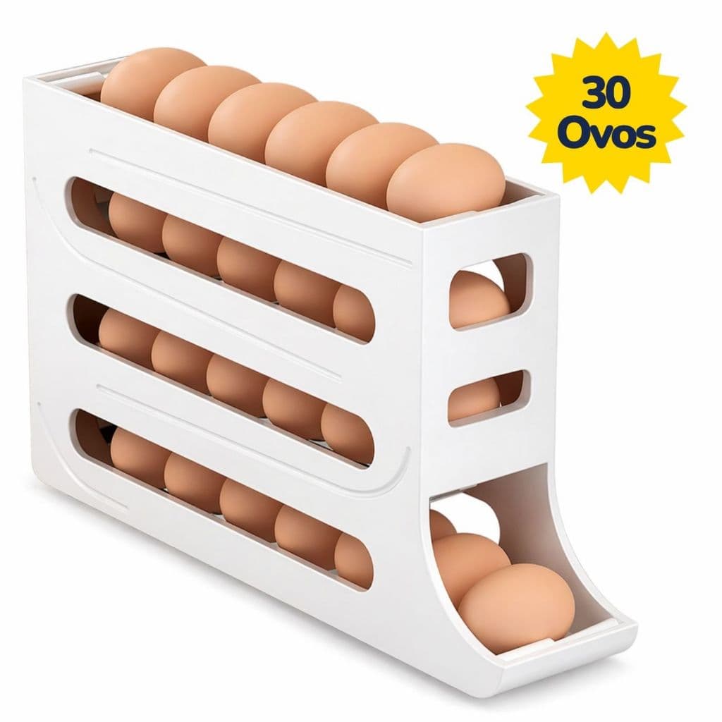 Porta Ovos dispenser 4 Andares Branco Rolante em Plástico para Geladeira Organizador 30 Ovos