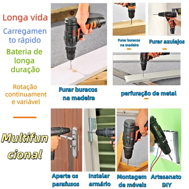 Furadeira Elétrica Parafusadeira Bateria 12V Multiuso Para Madeira Parede Metal