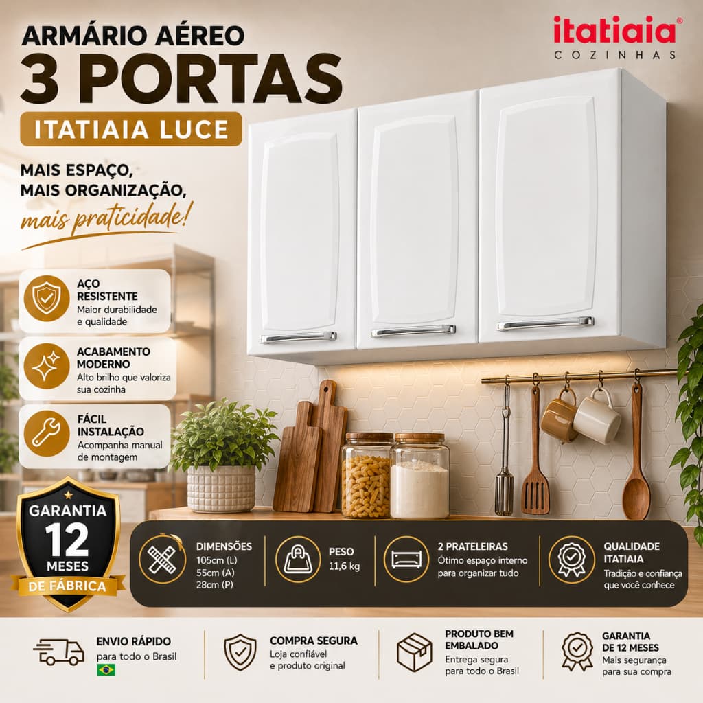 Armário Aéreo 3 Portas Itatiaia Luce Aço Cozinha Suspenso Organizador Moderno