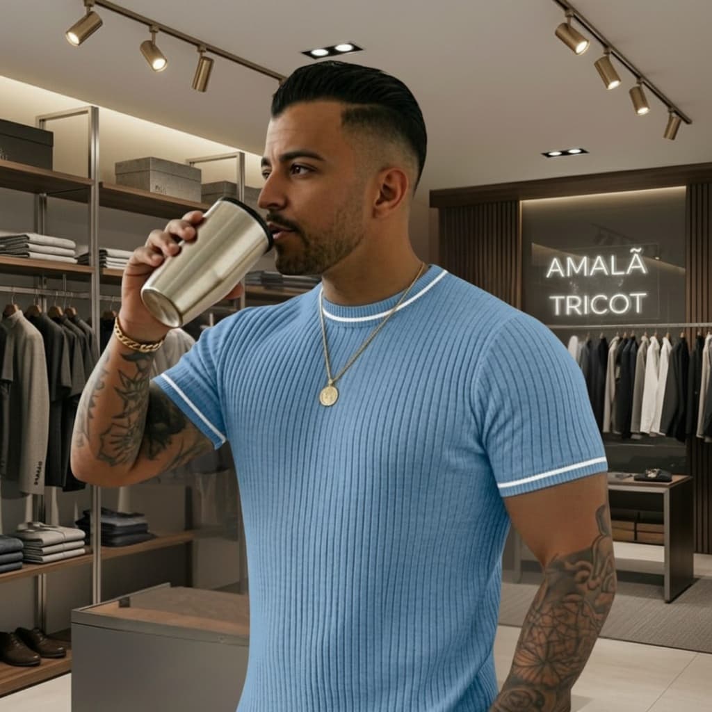 Camiseta Masculina Estilosa Moda Casual De Tricot Confortável Trama Texturizada Premium