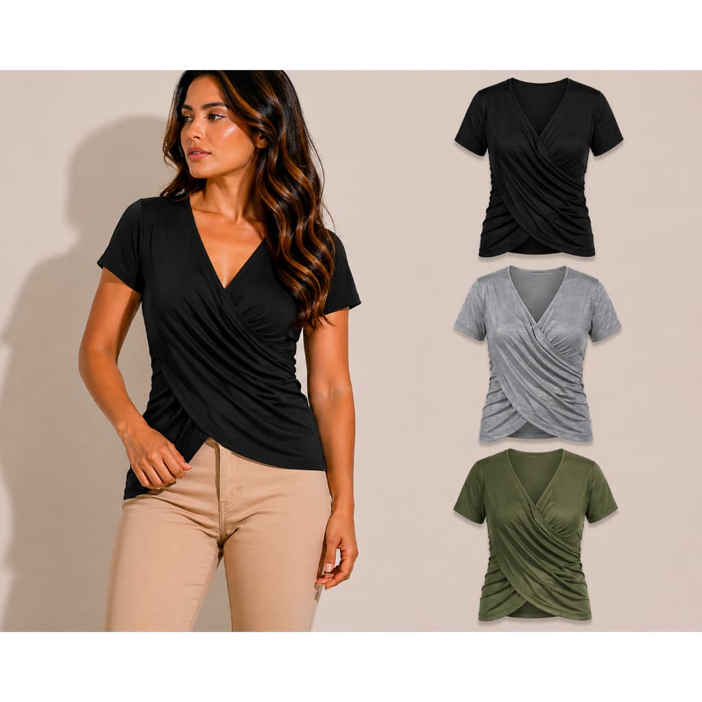 Kit 3 Camisa Feminina Transpassadas Manga Curta Modeladora Não Transparente Viscolycra Premium