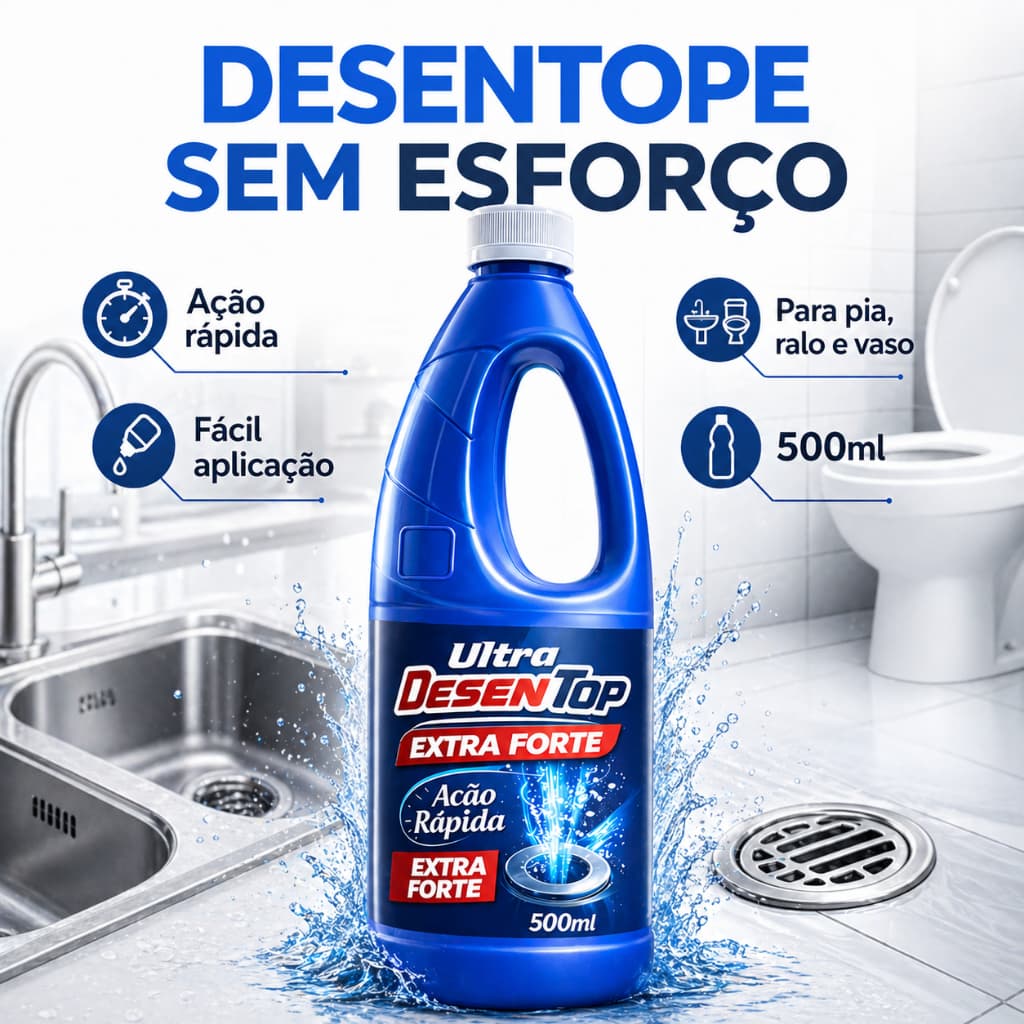 Desentupidor Líquido 500ml Ultra Potente DesenTop Remove Gordura Pia Ralo Vaso Rápido