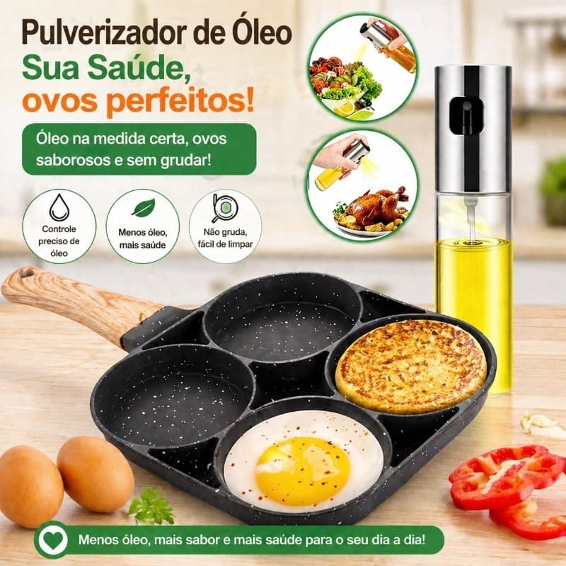 Frigideira antiaderente de 4 furos, multifuncional, ideal para ovos, panquecas, omeletes e hambúrgueres.