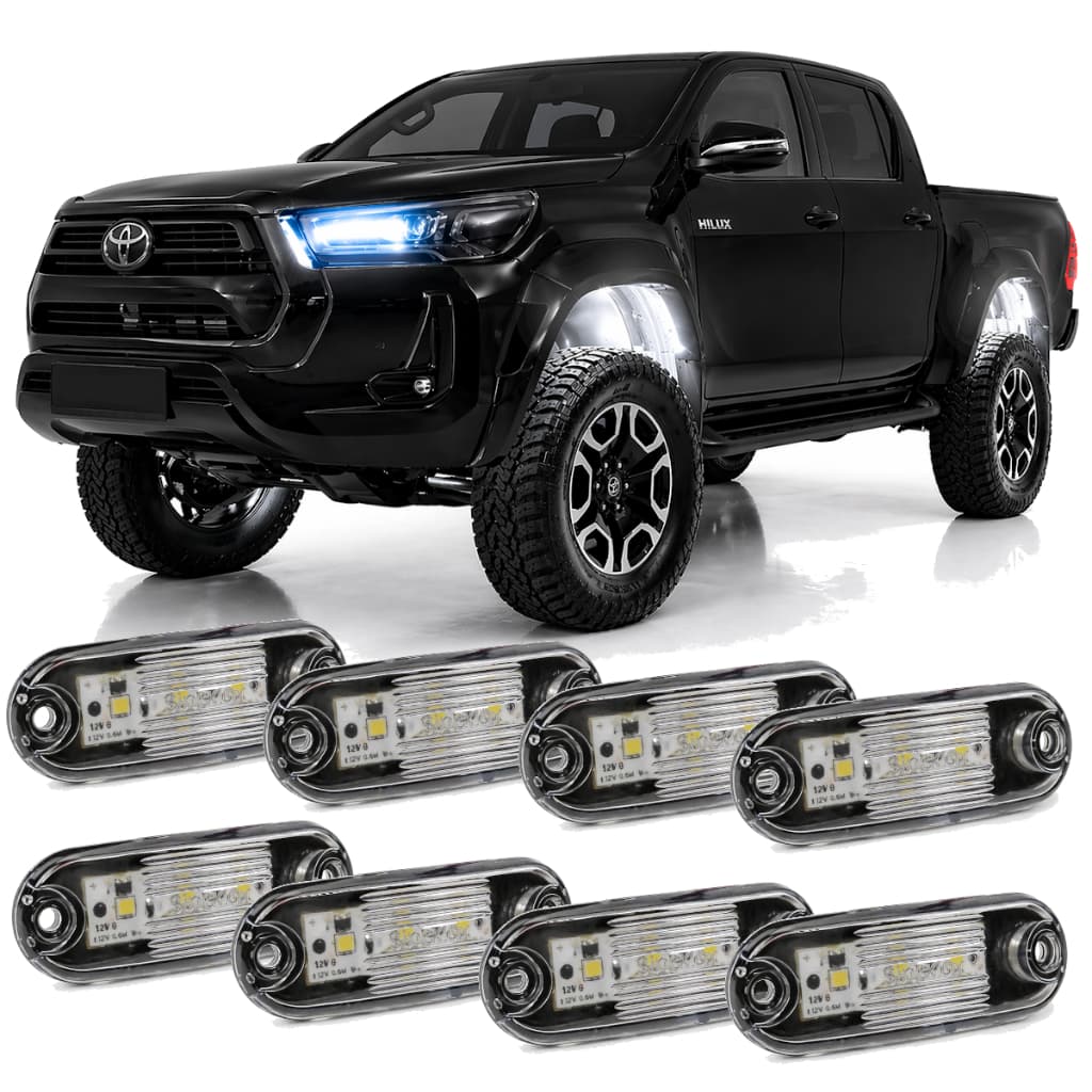 Kit 8 Rock Lights Led Caixa de Roda Enfeite Camionete Luz Rocklight Clarear Iluminar Rodas Branca Strada Saveiro Hilux
