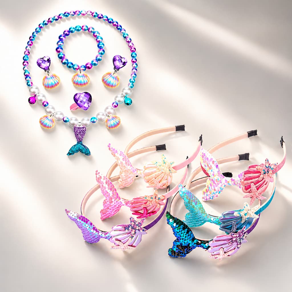 Kit Colar Pulseira Brincos Anel + Tiara Calda Sereia Ariel