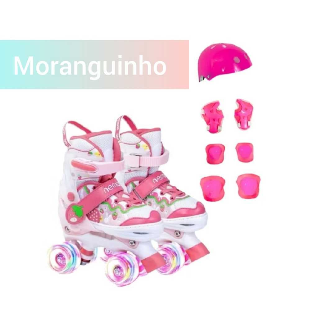 Patins Quad Moranguinho Orelha De Coelho Ajuste Tamanho Rodas Com Led Mais Kit Proteção