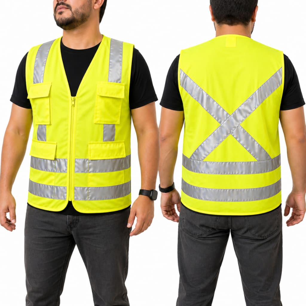 Colete Refletivo com 4 Bolsos Zíper Faixa em X nas Costas Alta Visibilidade Uso Profissional EPI