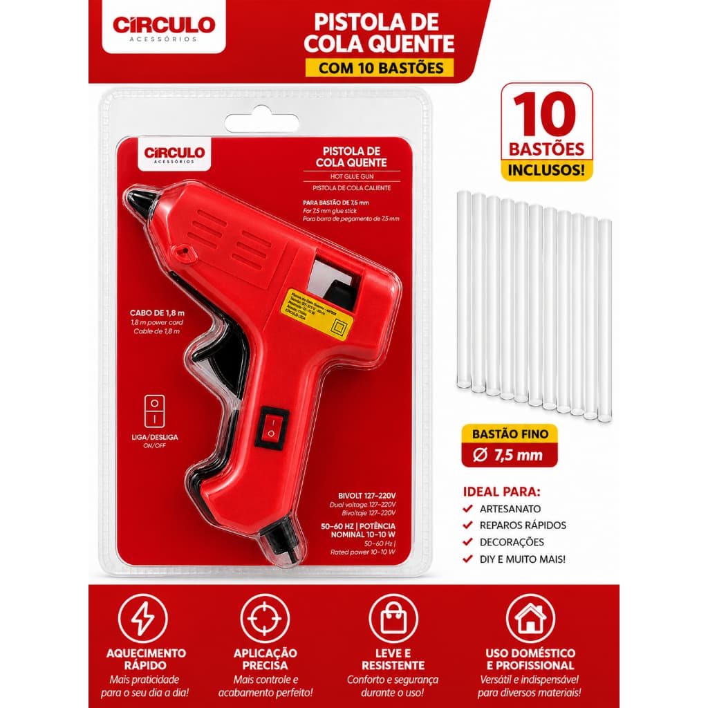 Pistola de Cola Quente Fina 7,5mm Bivolt 127/220V Círculo + 10 Bastões De Cola Quente Fino