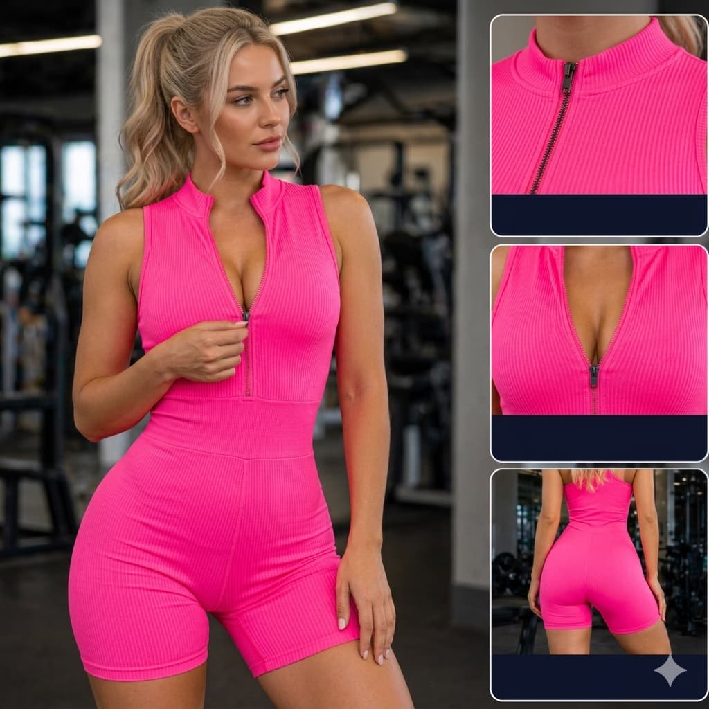 Macaquinho Academia Feminino Canelado com Zíper Frontal Sem Bojo Tamanho Único Sem Empina Bumbum - Moda Fitness
