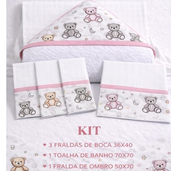 Kit Enxoval Ursinha Rosa Menina 3 fraldas De Boca 1 Toalha De Banho E 1 Fralda De Ombro 100%Algodão