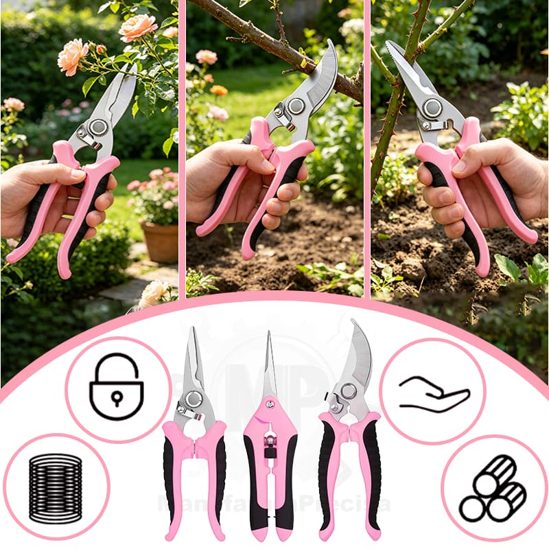 Kit com 3 Rosa Tesouras de Poda para Jardim – Ideal para Colheita de Frutas e Cuidados com Plantas