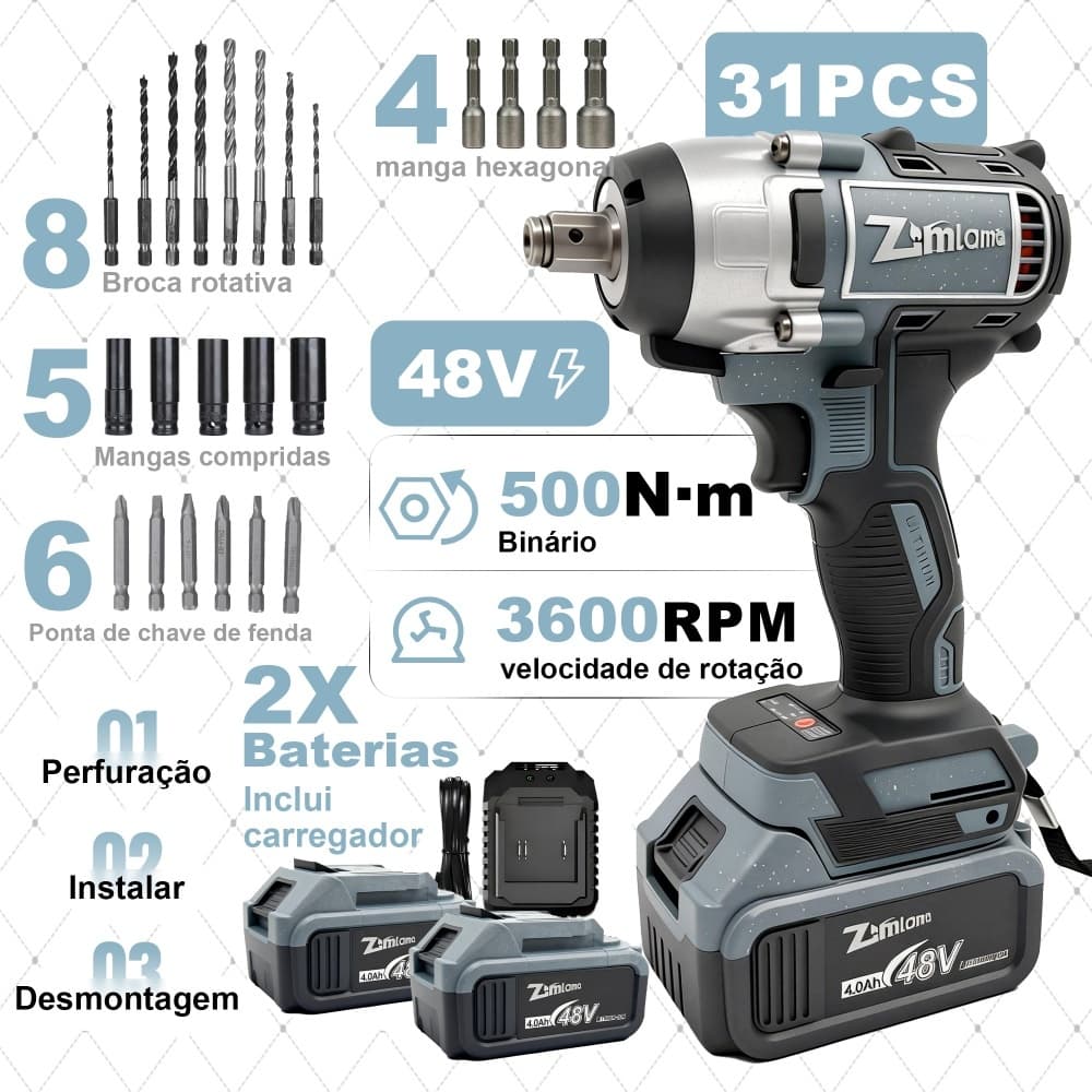 Chave Impacto 48V 500N Bateria 1/2 Parafusadeira Impacto Profissional Kit Completo