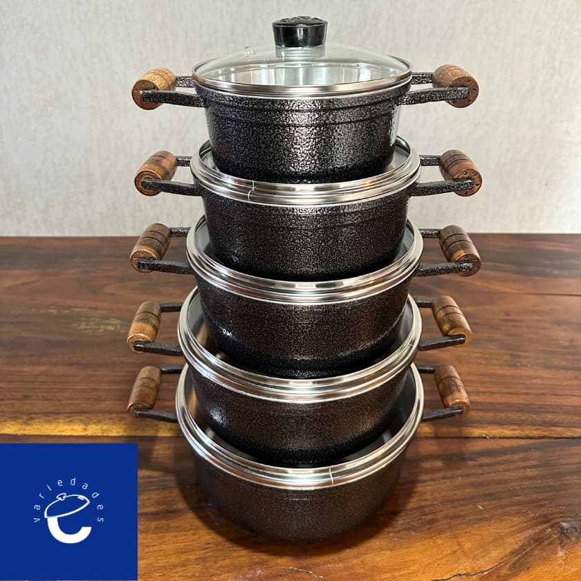 Jogo de Panelas CAVA CRAQUEADO Tampa De Vidro Aluminio Fundido Cabo Madeira Conjunto 5 peças 16-24
