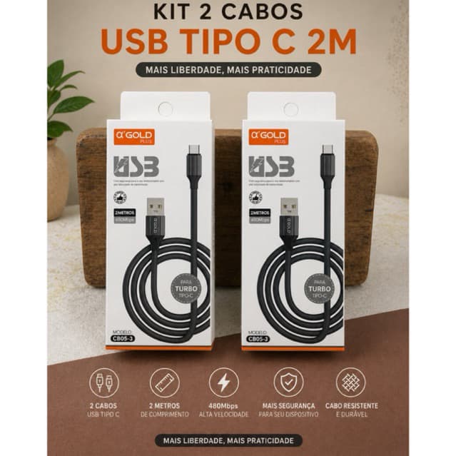 Kit 2 Cabos USB Tipo C 2 Metros Turbo Carregamento Rápido 480Mbps Android Reforçado