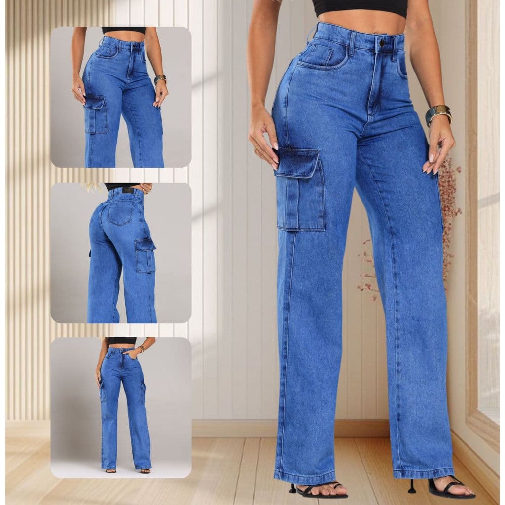 Calça Cargo Feminina Jeans Com Bolso Wid Leg 34 ao 46 Pantalona Cintura Alta Premium