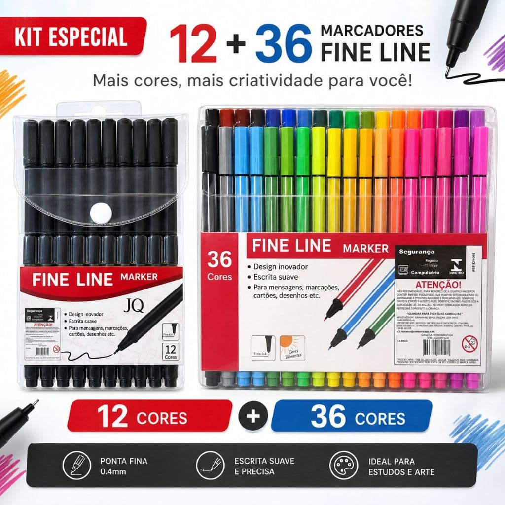 Kit Canetas Coloridas Fine Line + 12 Pretas Ponta 0.4mm Desenho Escolar Bullet Journal