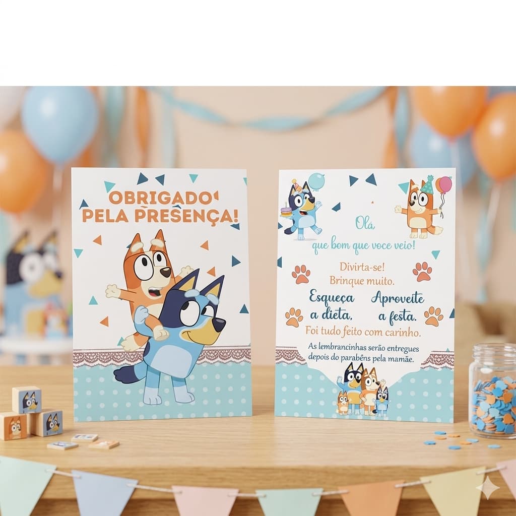BLUEY MENINO Plaquinha de Agradecimento Centro de Mesa