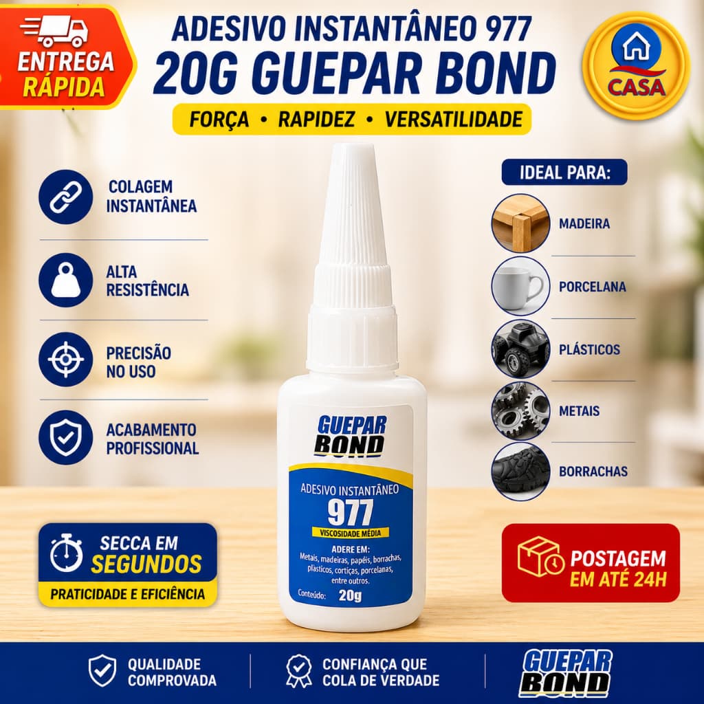 Cola Adesiva Instantânea Guepar Bond 977 20g – Super Forte Secagem Rápida Multiuso Profissional