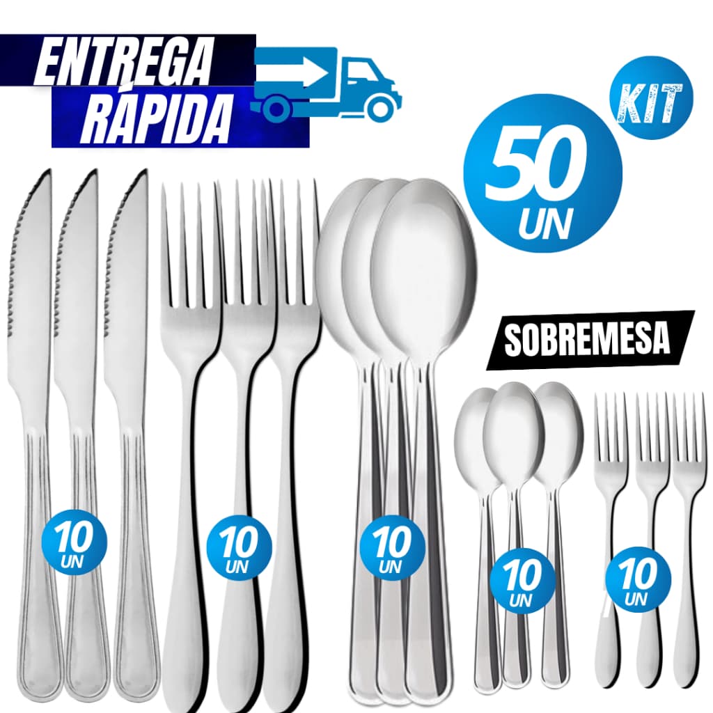 KIT Jogo 50/40 Talheres 100% Inox Garfo Faca Colher Colher sobremesa garfo Sobremesa Restaurante Banquete