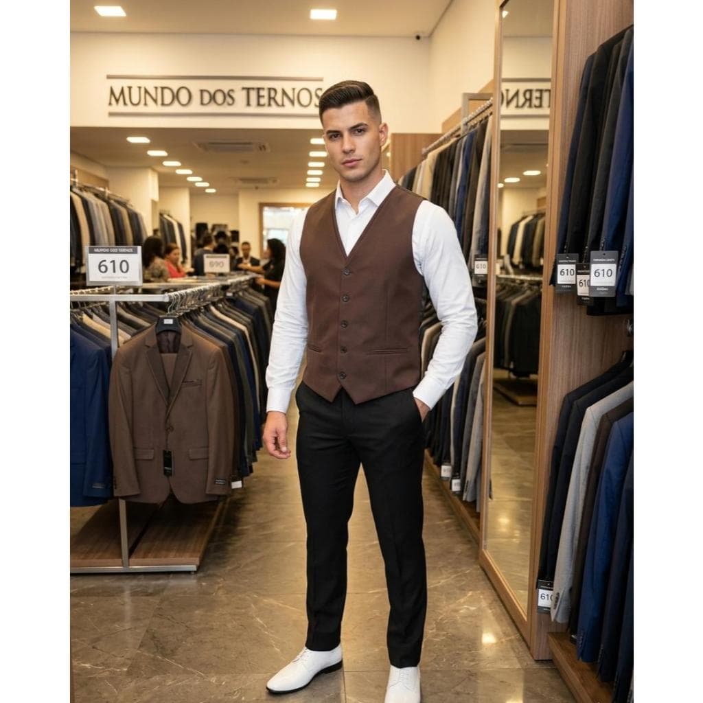 Colete Social Masculino Oxford Linha Premium Marrom Chocolate 2026 Gramatura 180 Com Regulagem