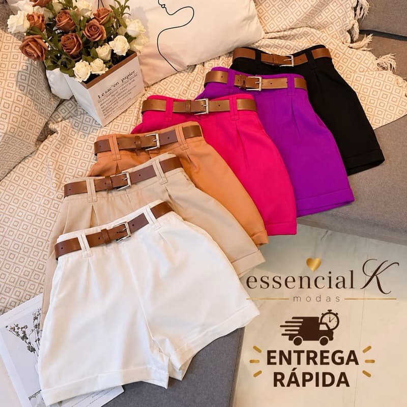 Short Alfaiataria Feminino Social Com Cinto Com Bolso Cintura Alta PROMOÇÃO