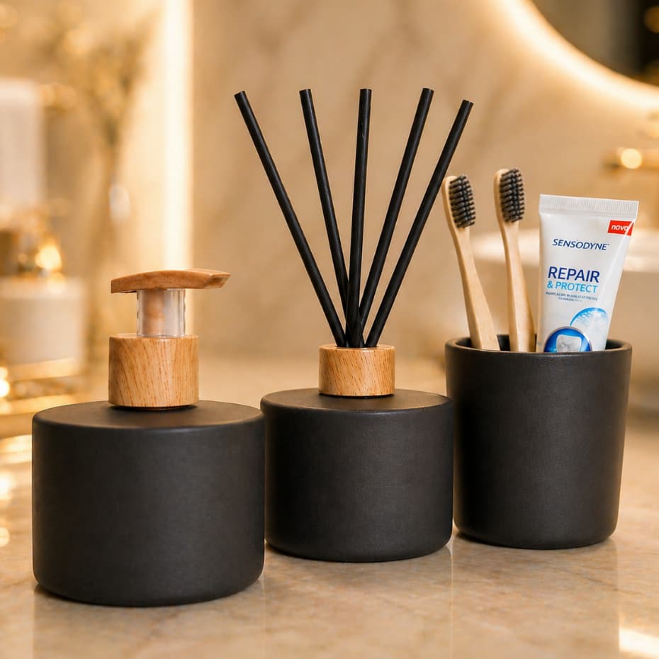 Kit Lavabo Banheiro Luxo Vidro Picollo Preto Fosco 3 Peças
