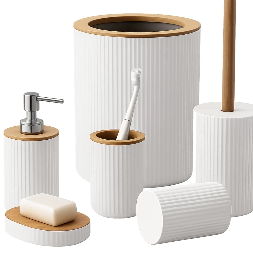 Kit 6 Acessórios para Banheiro Luxo 6 Peças Branco com Bambu Porta Sabonete Dispenser Elegante Moderno
