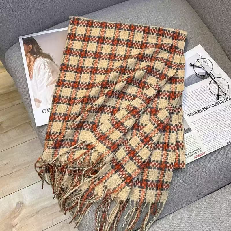 Cachecol xadrez feminino, tricô em blocos de cores, estilo coreano, imitação de cashmere de alta qualidade, xale/proteto