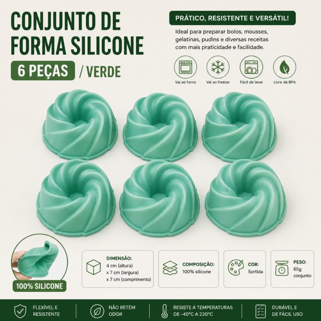 Conjunto Formas Silicone 6 Peças Verde Antiaderente Multifuncional Cozinha Fácil Limpeza