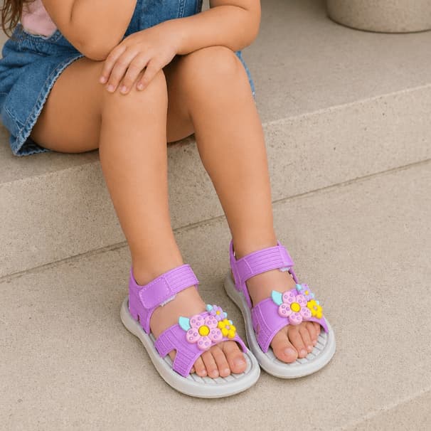 Papete Sandália Infantil Menina 3 Flor Confortável Escolar Dia a Dia Macia Antiderrapante Moda
