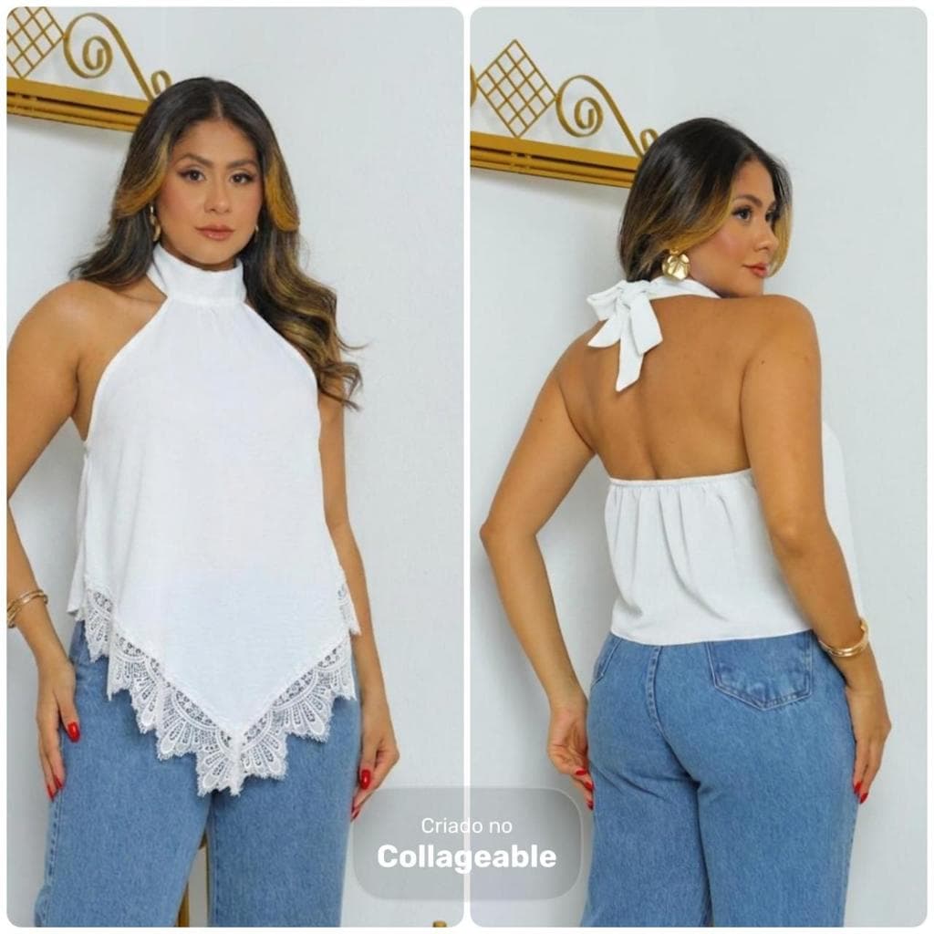 Blusa Feminina Gola Alta com Ponta e Renda Elegante Tendência 2026 tecido duna
