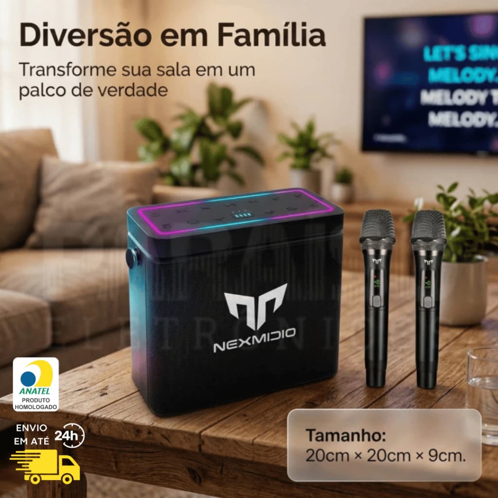 Caixa de Som 2 Microfones Karaokê 120W RMS Bluetooth Alto Falante Potente Woofer Bateria 2500 mAh