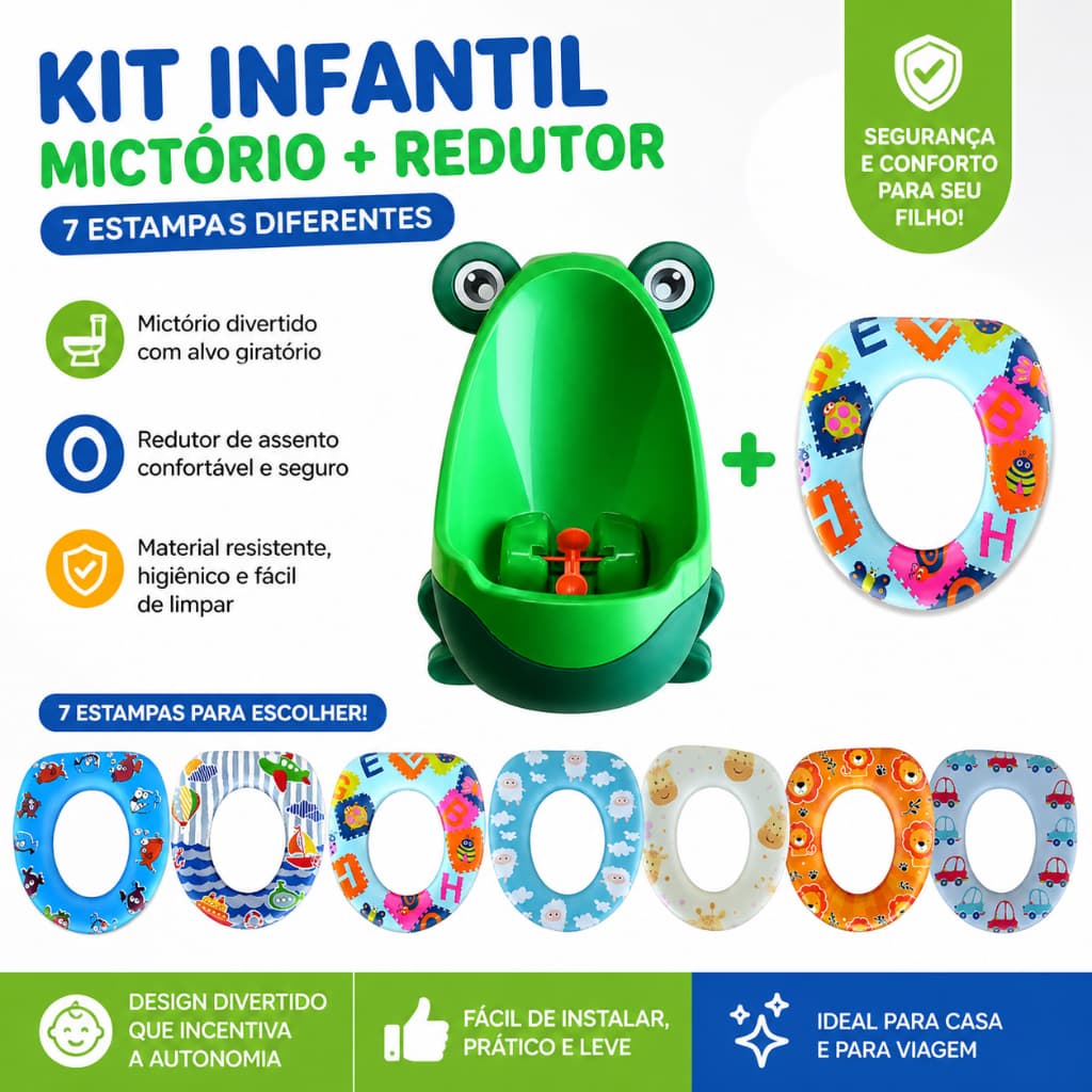 Kit Penico Mictório Sapinho + Redutor de Assento Sanitário Almofadado Infantil Meninos 8 Opções Cor