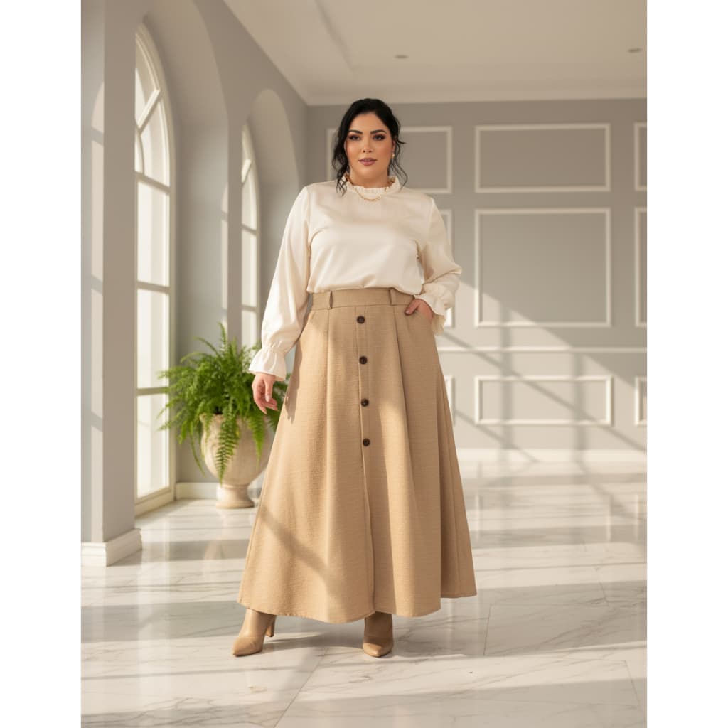Saia Longa Plus Size em Duna Linho Forrado com Botões na Frente Moda Casual Moda Evagelica