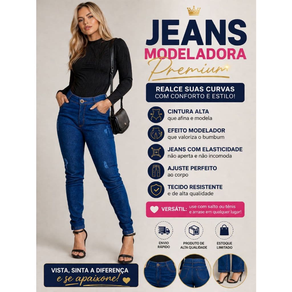 Calça Jeans Feminina Skinny Cintura Cós Alta Empina BumBum Azul Escuro Seguimos