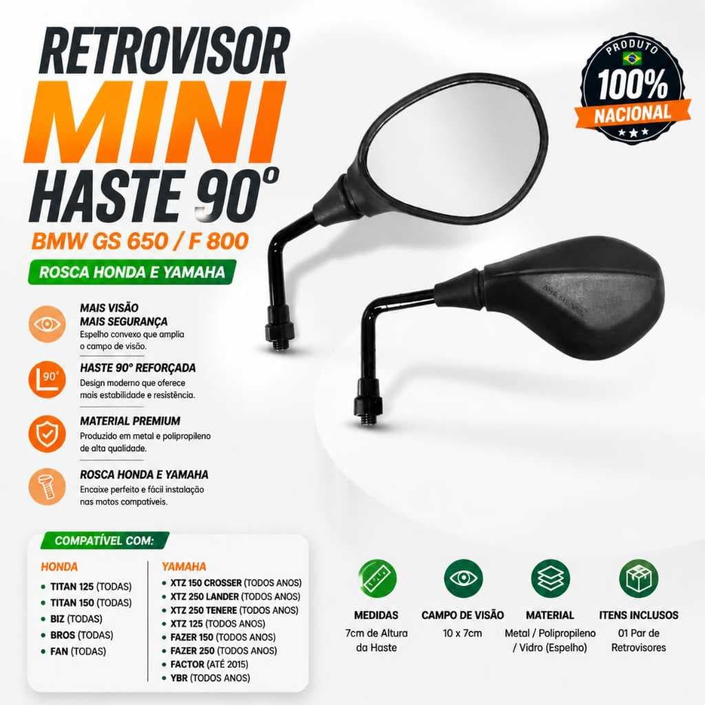 Retrovisor Moto Mod.Mini Bmw Rebaixado Haste 90°  Cg Titan Fan Fazer Factor Par
