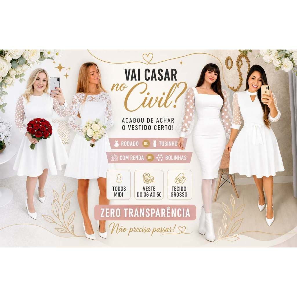 Vestido Para Casamento Civil Branco Off White Moda Evangélica Branco Plus Size MAIS VENDIDO