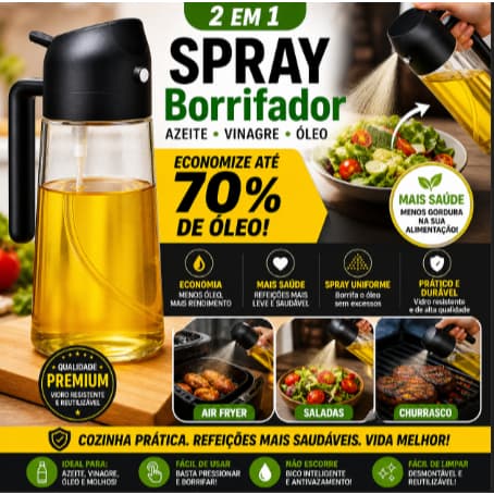 Spray Borrifador Dosador 2 em 1 – Azeite, Vinagre ou Óleo | Galheteiro de Vidro 470ml